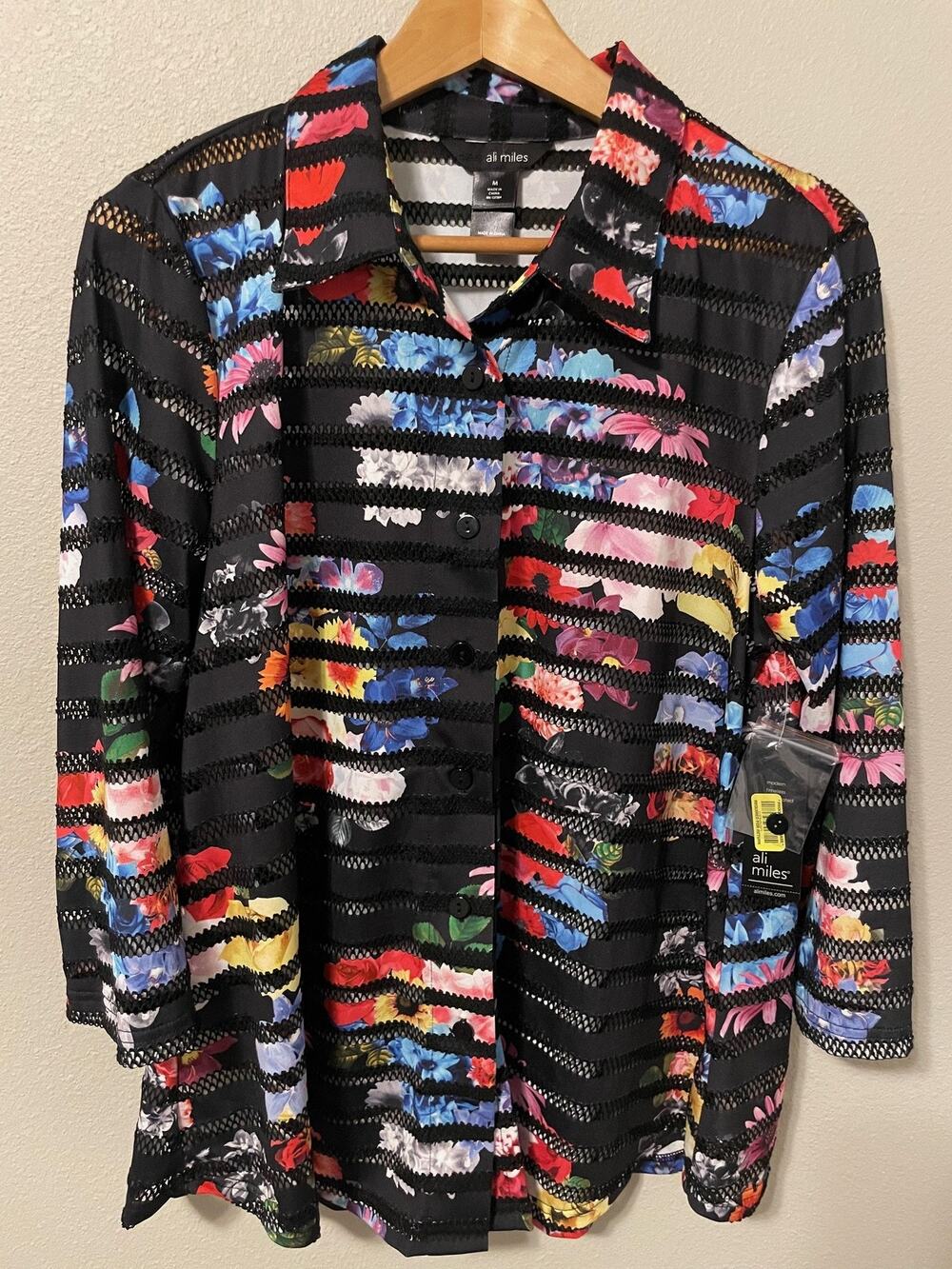 Ali Miles Tunic Top Womens Medium Multicolor Floral Mesh Button Up Artsy NEW